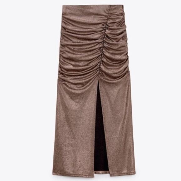 NWT ZARA  COPPER  SPARKLY DRAPED SKIRT SZ Large - Picture 2 of 8